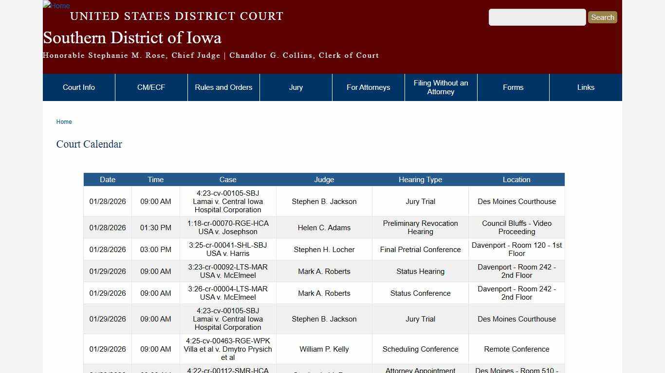 Court Calendar Southern District of Iowa United States District Court