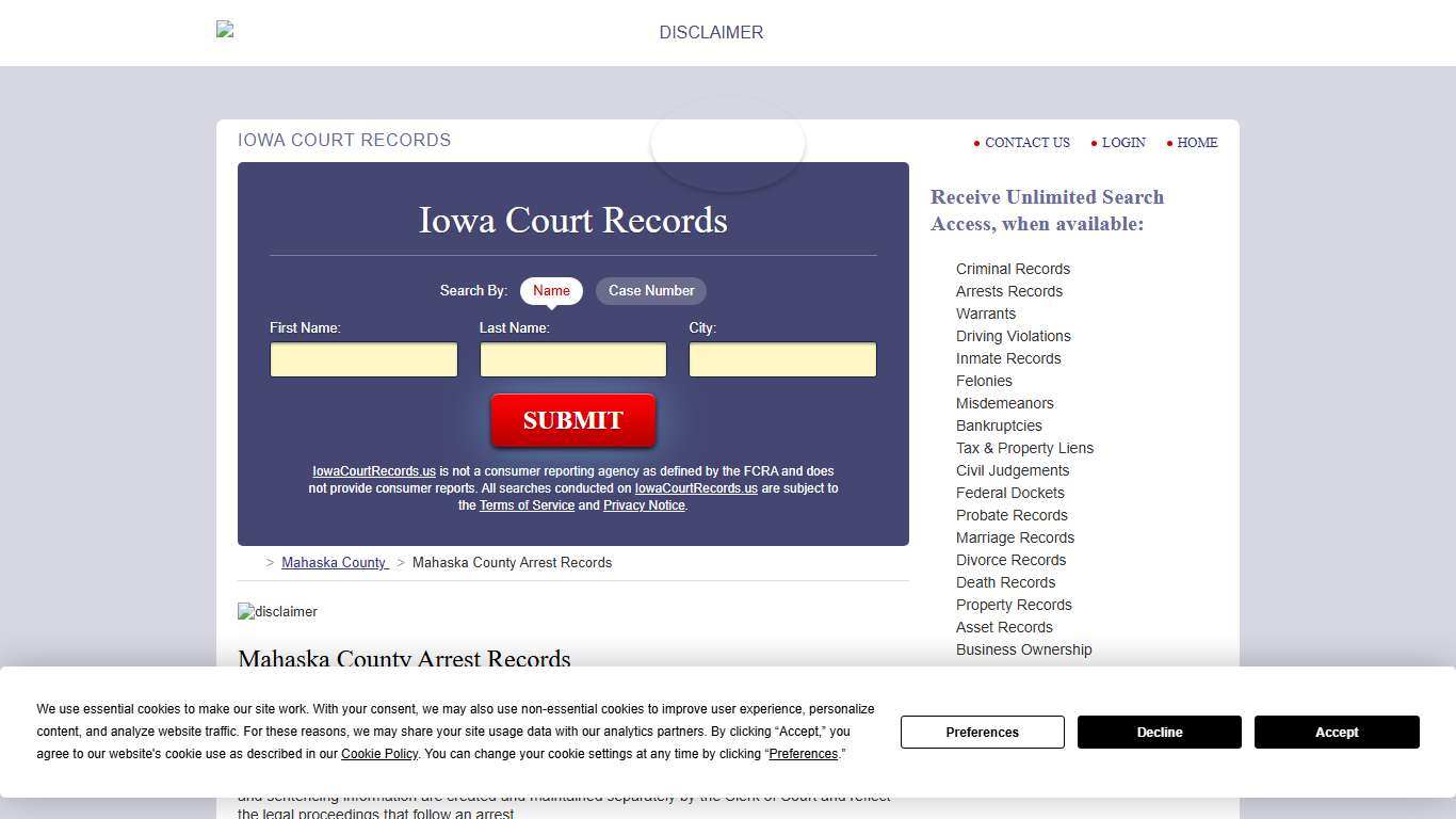 Mahaska County Arrest Records IowaCourtRecords.us